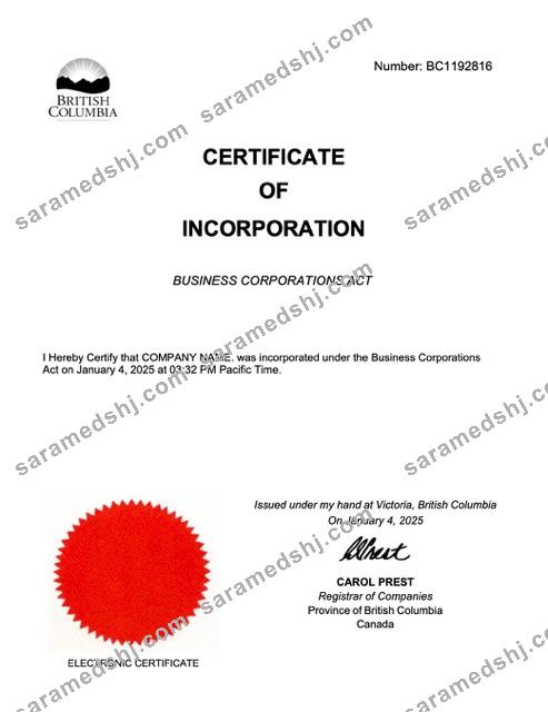 British Columbia certificate of incorporation Word and PDF template, version 2